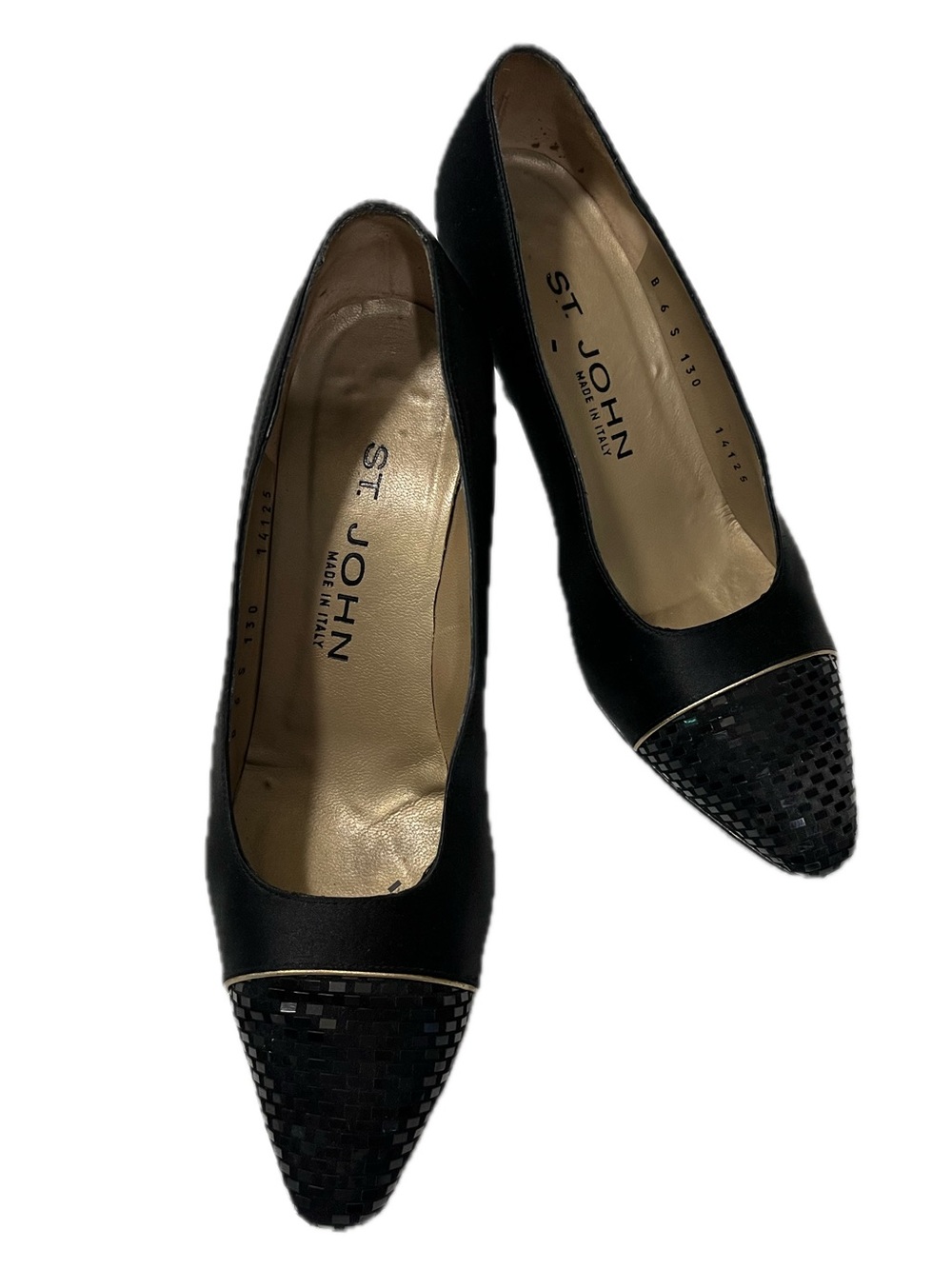 Vintage St. John Black Pointed Toe Heels with Gold Trim 2 inch heels in Size 6